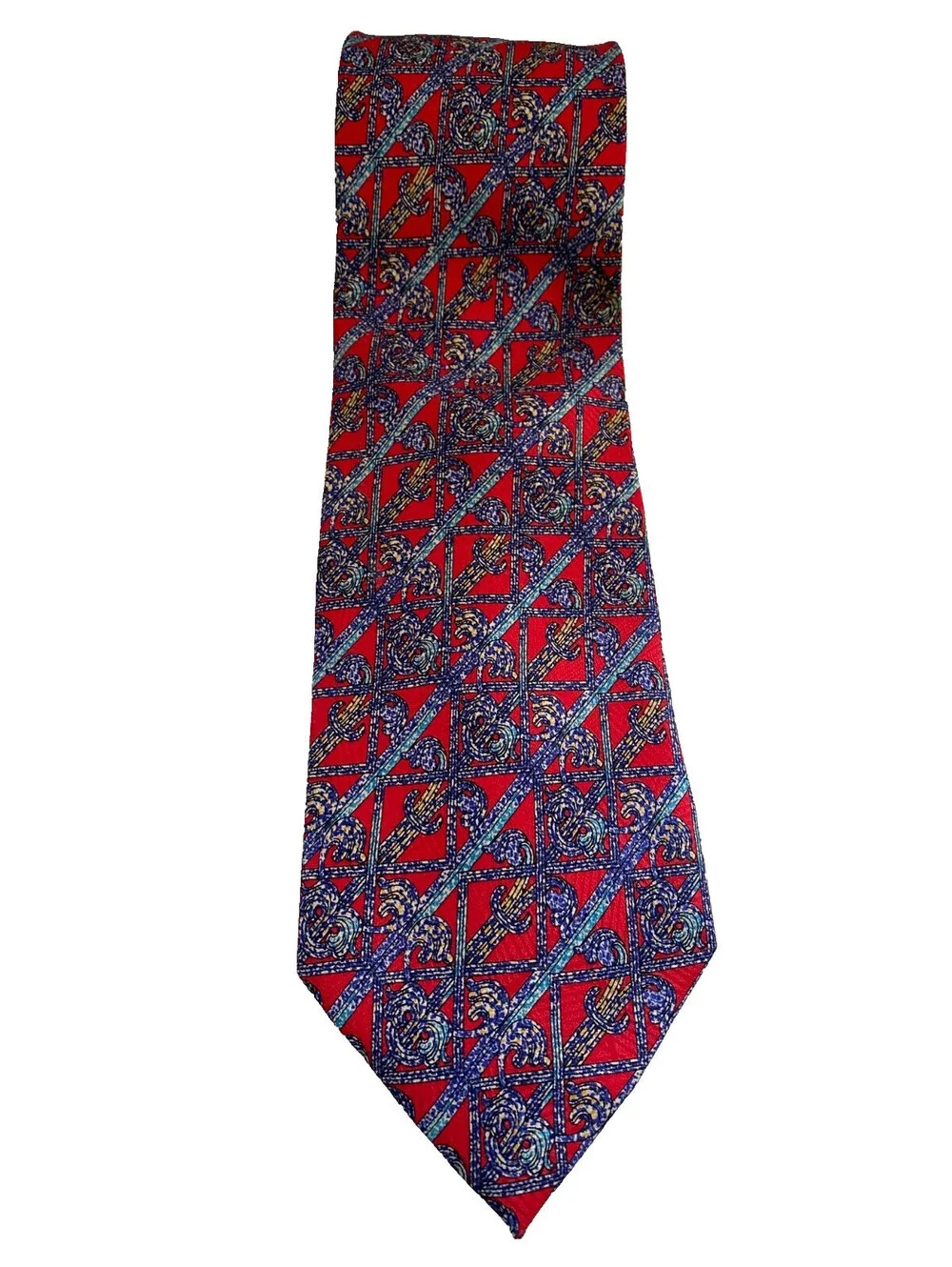 Brioni Mens Red Blue Fence Pattern Silk Tie Necktie Made in Italy Gold Chain
